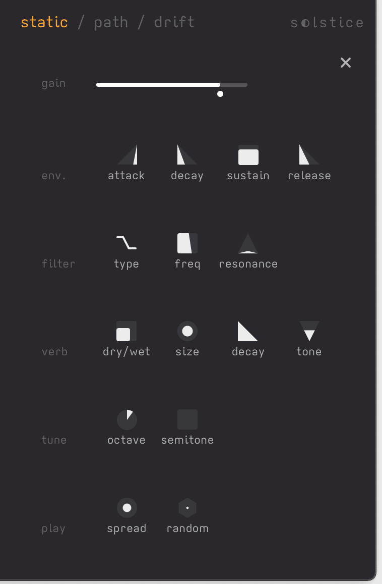Parameters panel showing ADSR, Filter, Reverb, Tuning, Playhead controls