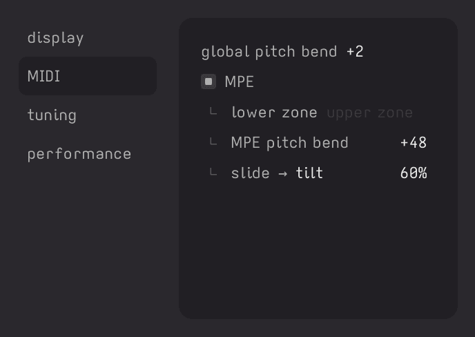 Settings modal on MIDI tab showing MPE controls